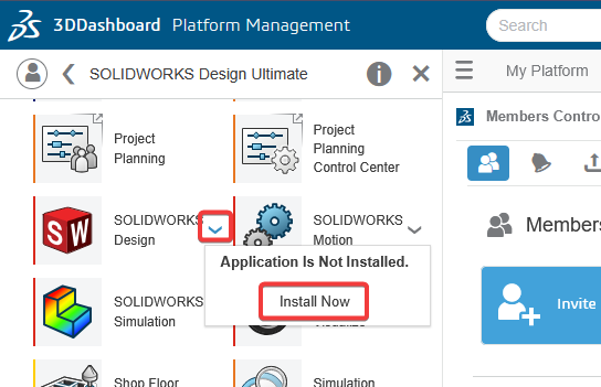 The 3DEXPERIENCE Platform with the drop-down menu for a SOLIDWORKS app highlighted and selected, showing an Install Now prompt that is also highlighted