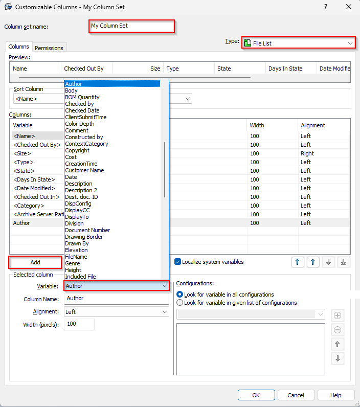 Add a column by selecting Add and setting the desired Variable from the drop-down list.