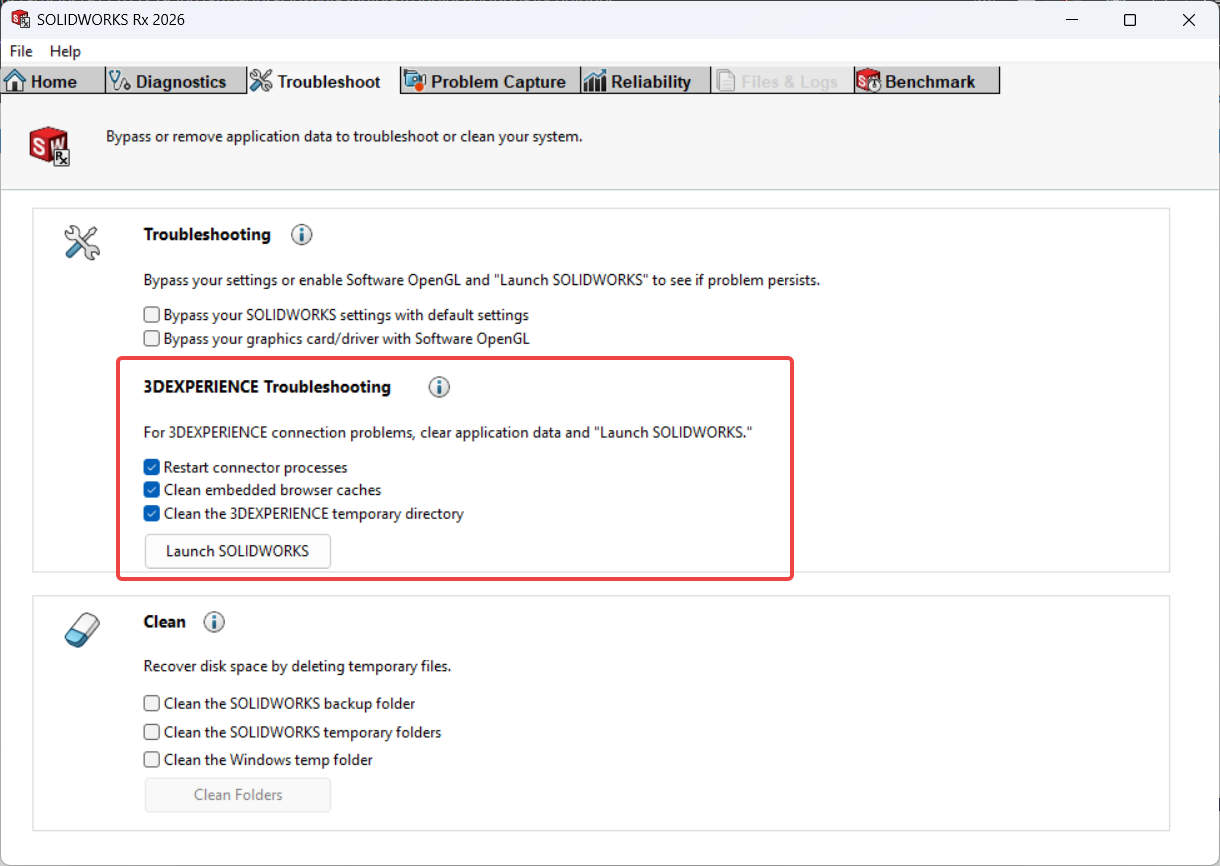 SOLIDWORKS Rx 2026 3DExperience troubleshooting tab