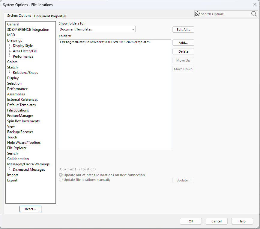 SOLIDWORKS File Locations Document Templates