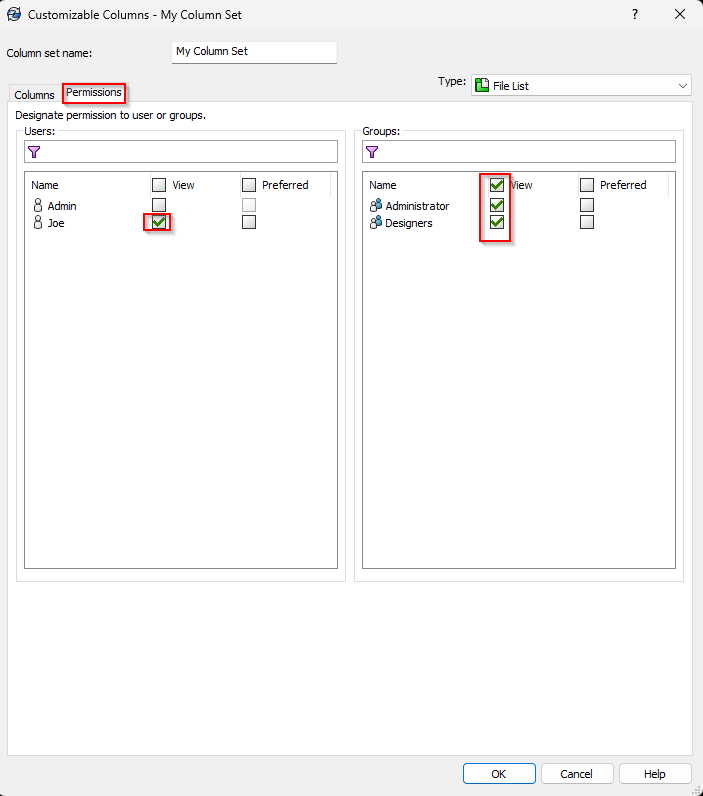 Select the Permissions tab and then select user(s) and the group(s) that will have permission to the Column Set. 