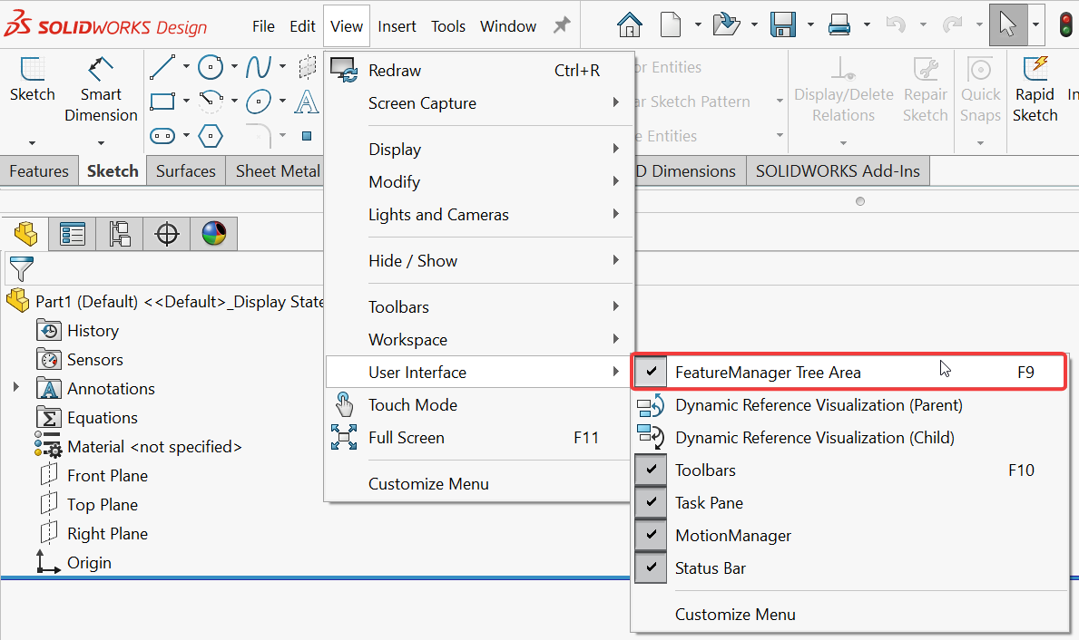 SOLIDWORKS FeatureManager Tree Area location