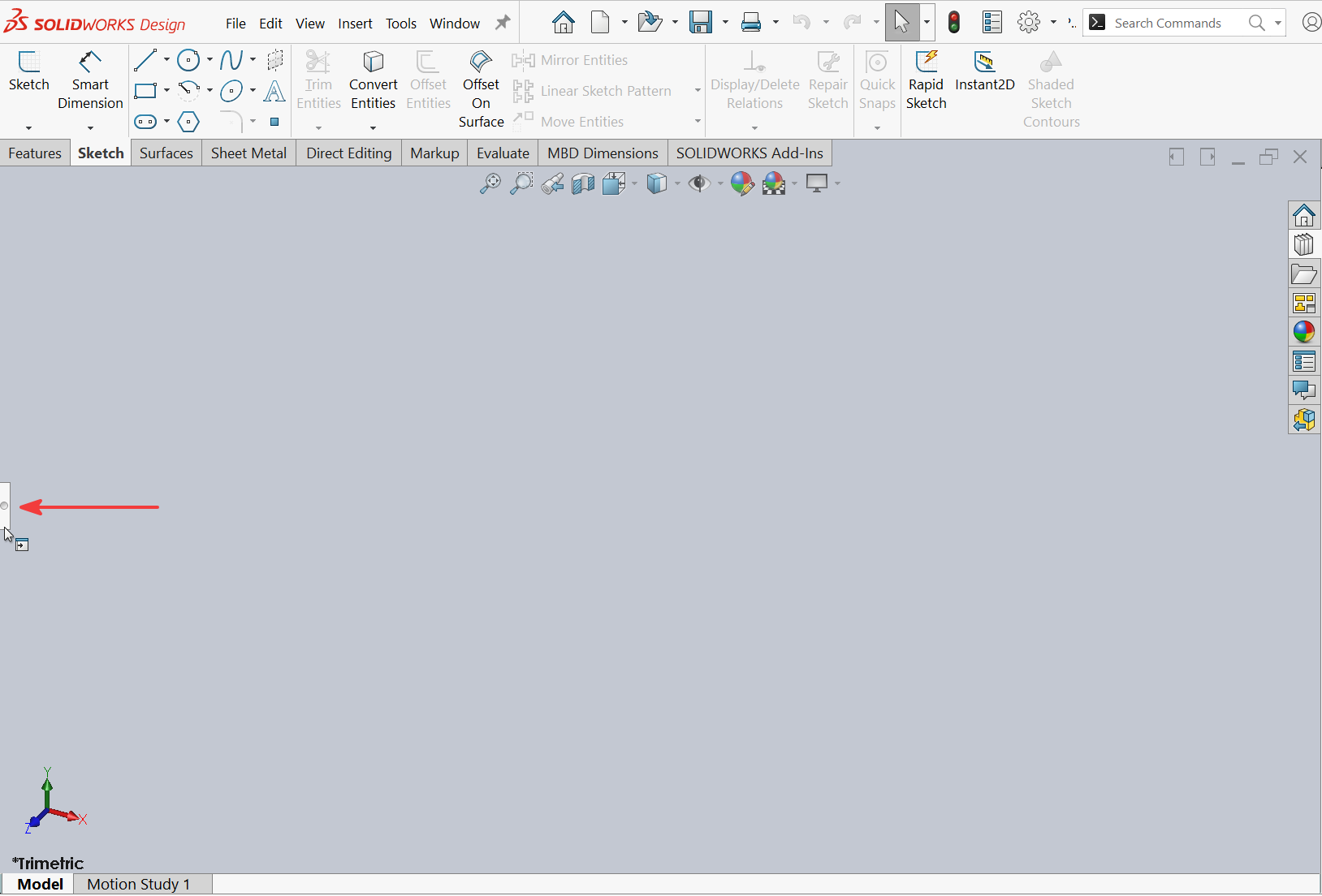 Location of tab to adjust FeatureManager size