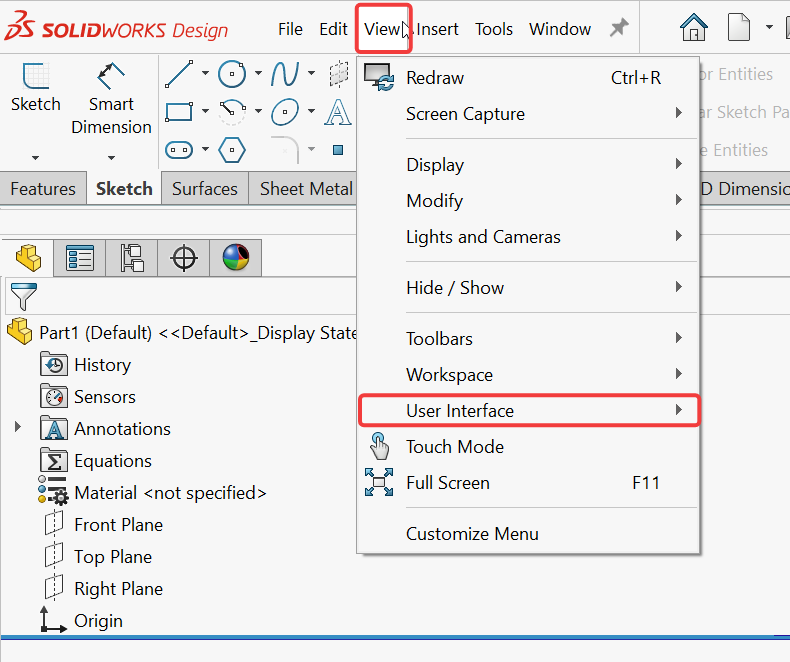 SOLIDWORKS View, User Interface menu location