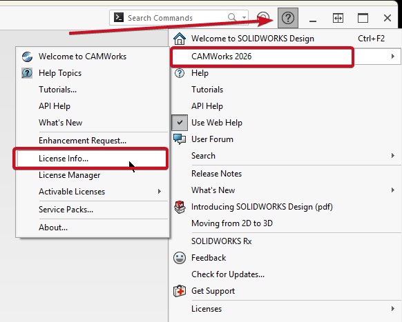 Within the top menu bar find SOLIDWORKS Help menu, a question mark inside of a circle. Select the CAMWorks 20xx help flyout, then select: License Info...