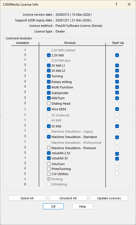 A checkmark indicates which modules are assigned to this client. A checkmark in the “Start-up” column will automatically use this given module upon launching your next CAMWorks session.