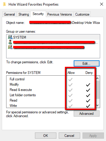 Hole Wizard Favorites Security Permissions Tab