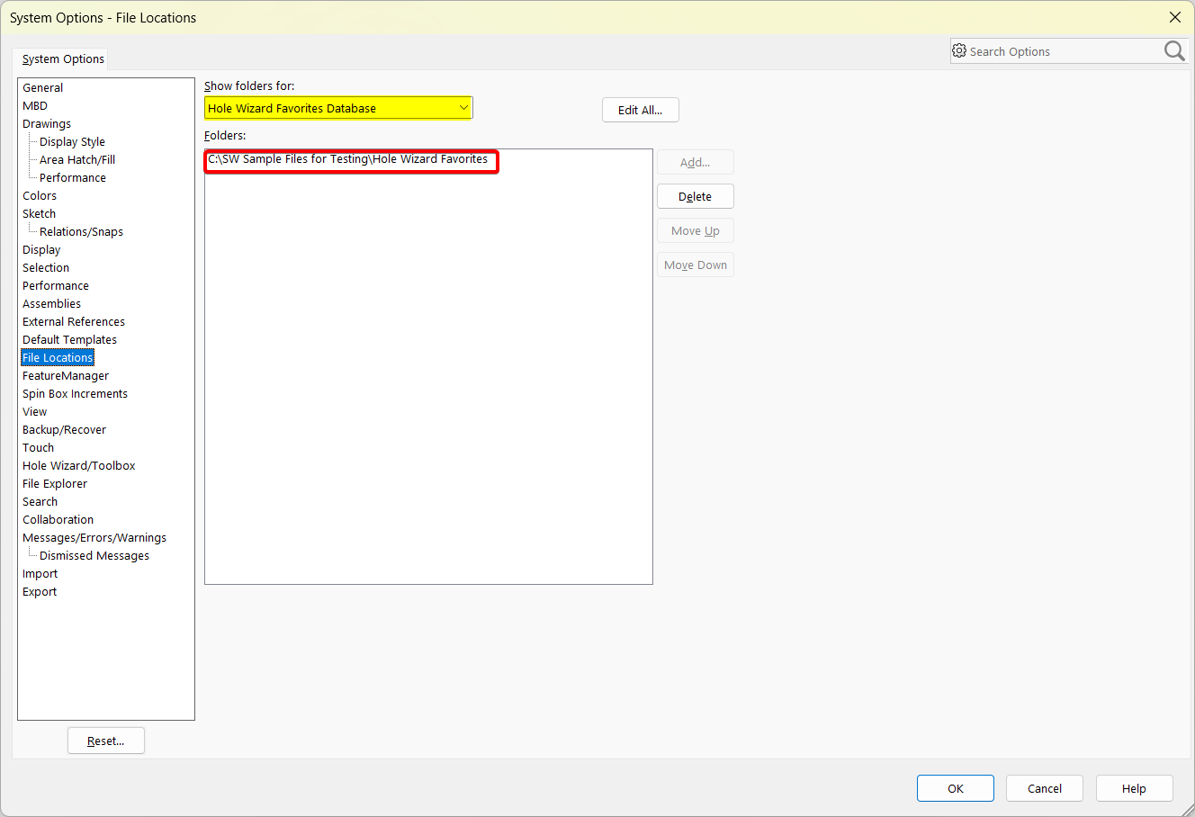 Hole Wizard Favorites File Locations Tabe in SolidWorks System Options