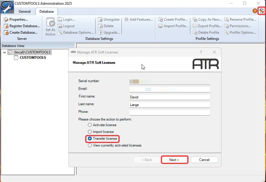 Select the 'Transfer License' option, then click the 'Next' button