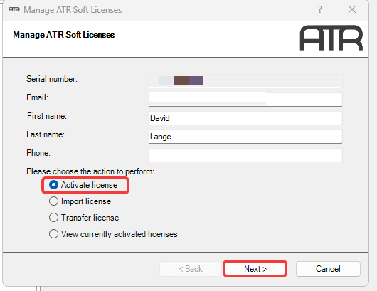 Select the 'Activate License' radio button and then click the 'Next' button.