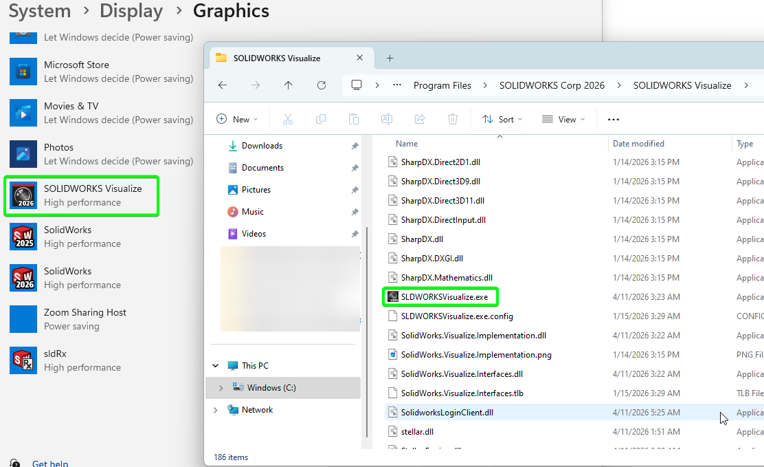 Windows Graphics Settings - Windows File Exlplorer SLDWORKSVisualize.exe Location