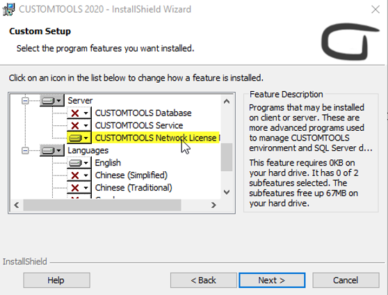 CustomTools Custom Setup installation Screen. Individual components can be selected from this menu.