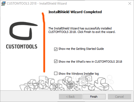 CustomTools Installation Manager Screen showing the Completion Screen. The check boxes for showinng guides or what's new can be selected from this installation window.