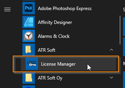 Windows Start Menu listing the ATR Soft folder and the license manager application icon.