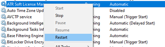 Picture of the Windows services console and how to restart the ATR license manager service on the Windows machine.