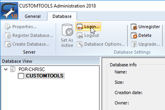 CustomTools Adminsitration Console displaying the login button. Click login to log into CustomTools to start the upgrade.