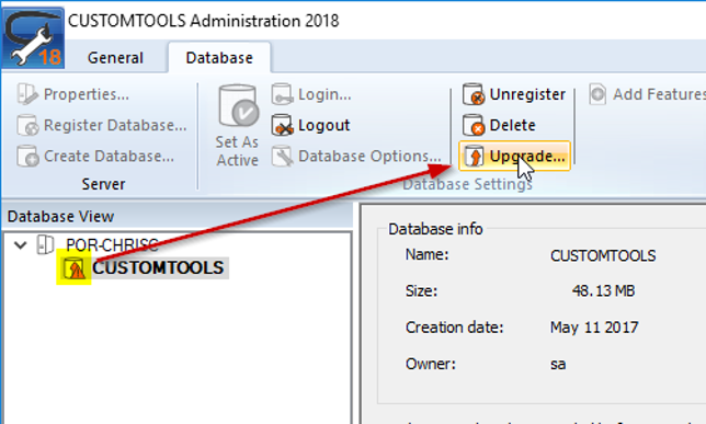 This is the CustomTools adminstiration console image. Showing to click the upgrade button in order to start the database upgrade process. 