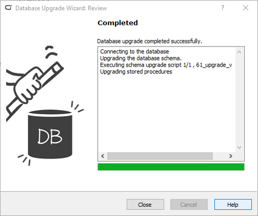 Picture of the Database Upgrade Wizard menu showing the database was upgraded.