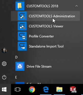 Windows Start Menu showing the CustomTools Folder and the CustomTools Administration application icon below the folder.