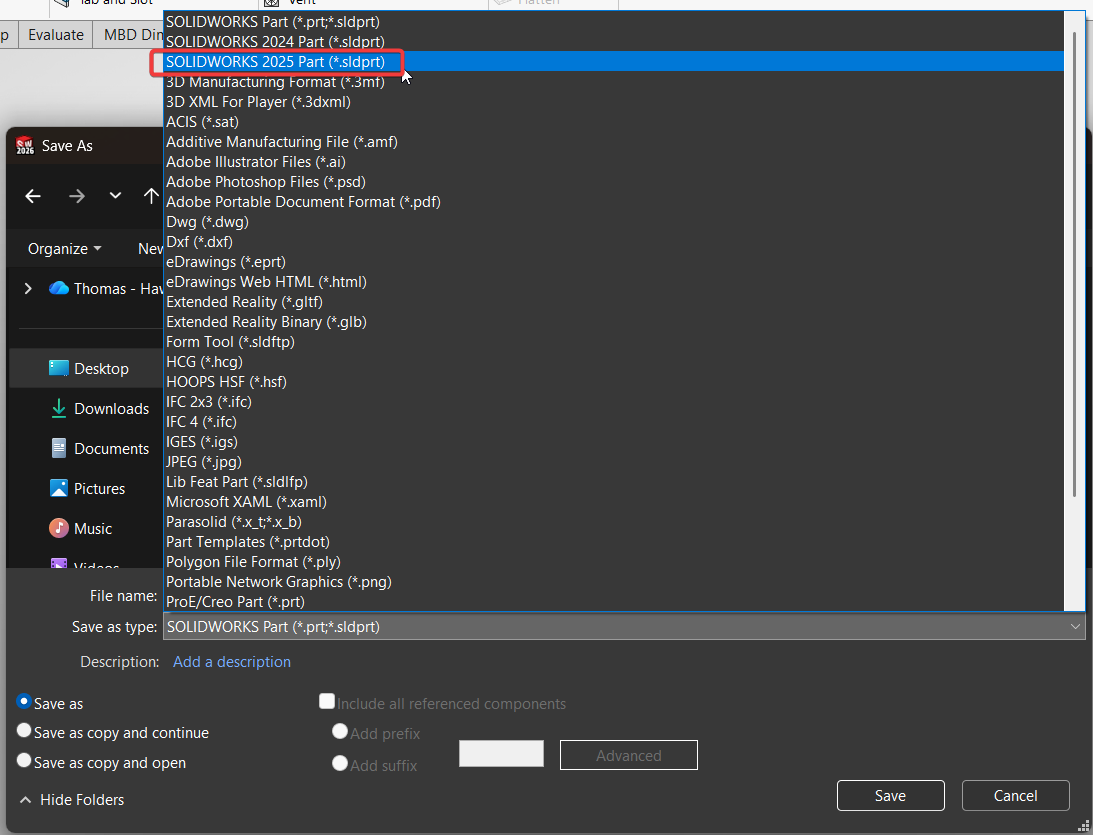 The Save As window in SOLIDWORKS, with the Save As Type dropdown showing and SOLIDWORKS 2025 Part selected.