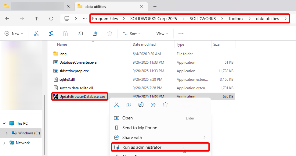 program files locating UpdateBrowserDatabase run as admin