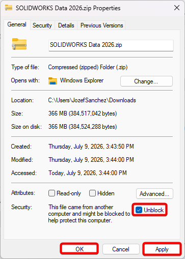 Once downloaded, right-click on the zip file > Properties > select Unblock > Apply > OK