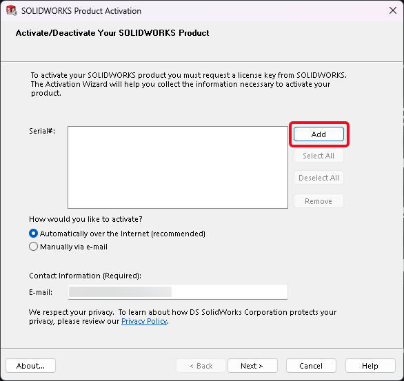 SOLIDWORKS Product Activation Window
