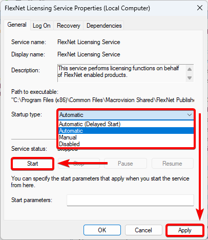 change startup to automatic click apply and start