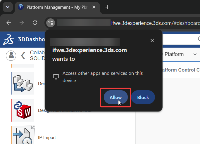 A prompt for the 3DX website to allow access to other apps and services on this device, with Allow highlighted