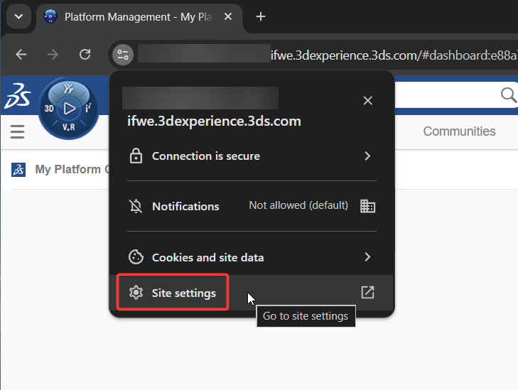 The "Site settings" button highlighted in the site information drop-down menu