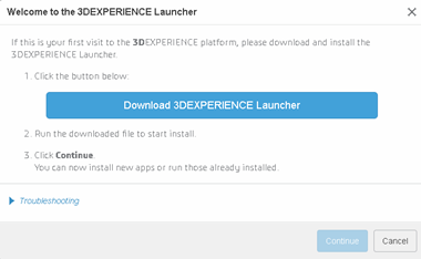 A prompt to download the 3DEXPERIENCE Launcher with the button to continue greyed out