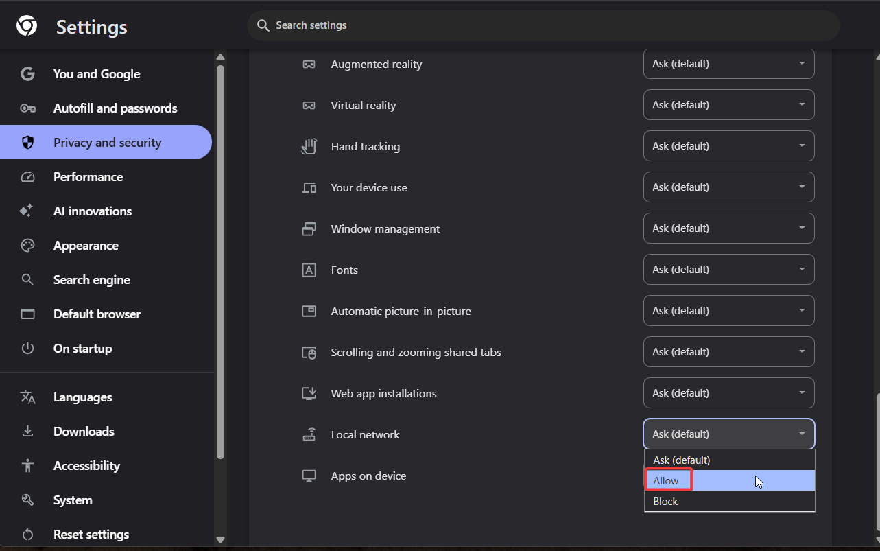 The Privacy and Security page in the browser settings with the option to set Local Network to Allow highlighted
