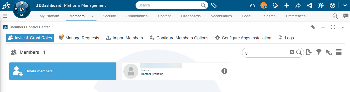 The Invite & Grant Roles tab of the Members Control Center with one member shown with a (Pending) status 