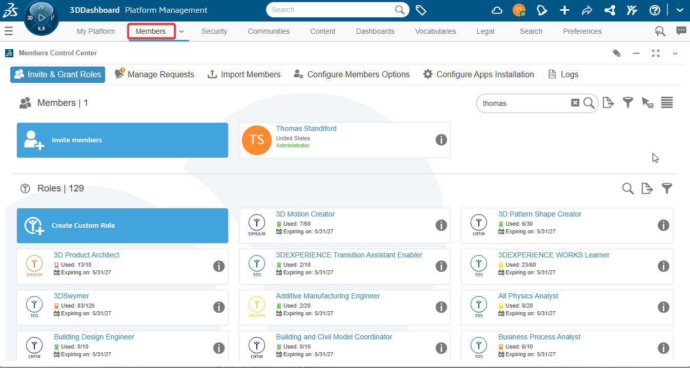 The Members tab of the Platform Management dashboard highlighted