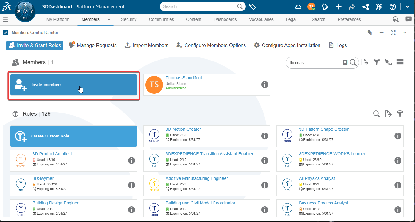 The Members tab of the Platform Management dashboard with the Invite Members button highlighted