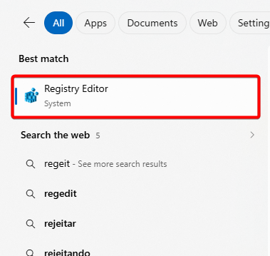Search for REGEDIT in your Start menu and hit Enter.png