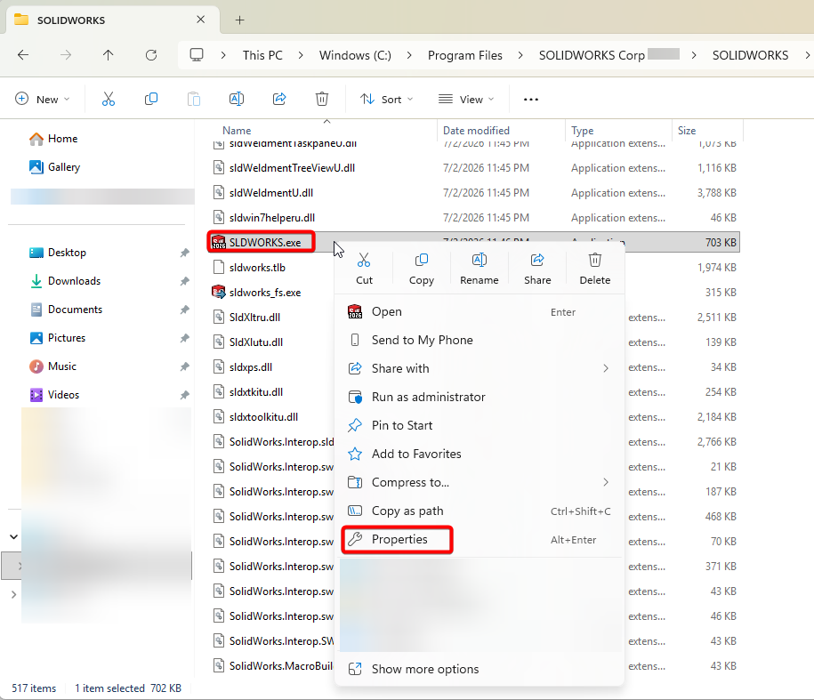 Locate the SLDWORKS.exe file in this folder, right-click on it, and select Properties.png