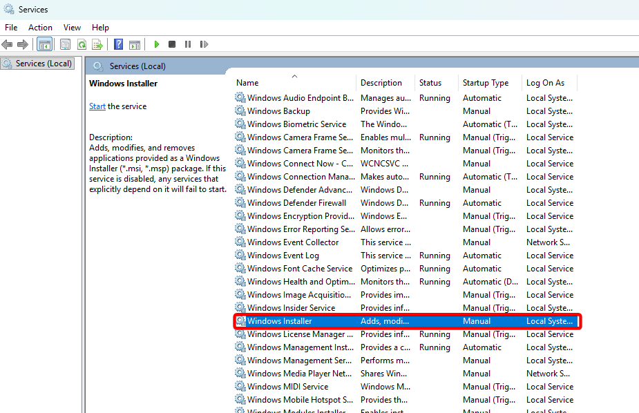 Find the Windows Installer Service