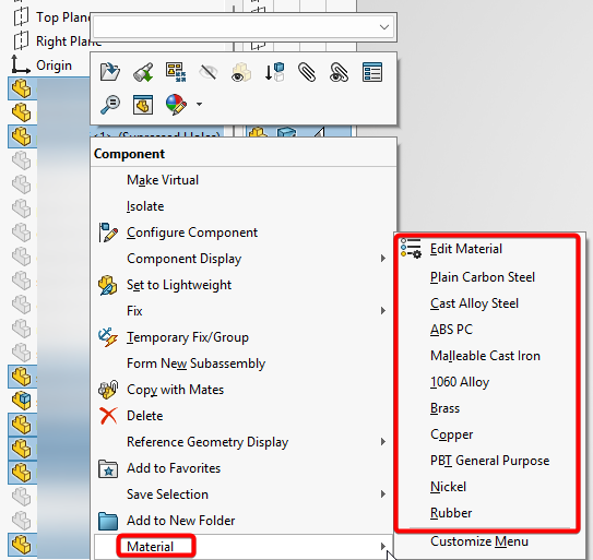 Right click part and select material menu to apply material to all parts