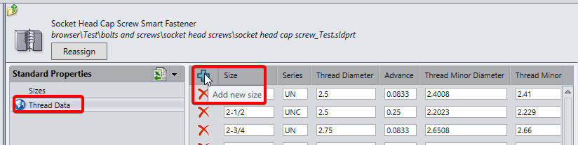 Select Thread Data and add new size