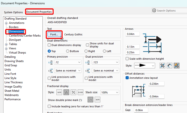 Navigate to Dimension Document Properties and click the Font Button