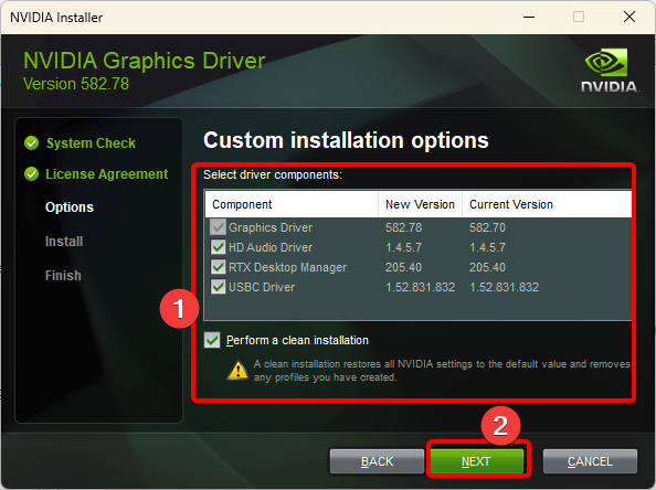 Enable all components and select clean installation