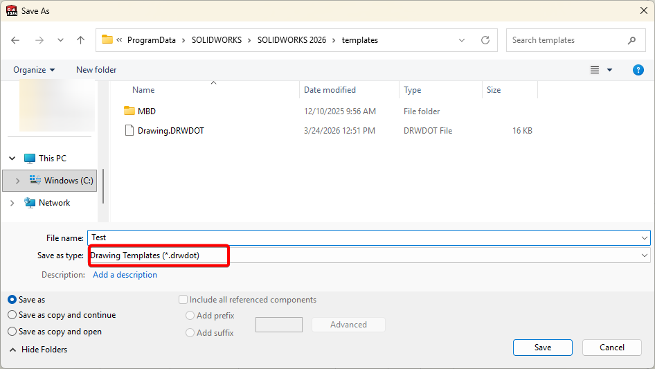 Save as Drawing Template File Type