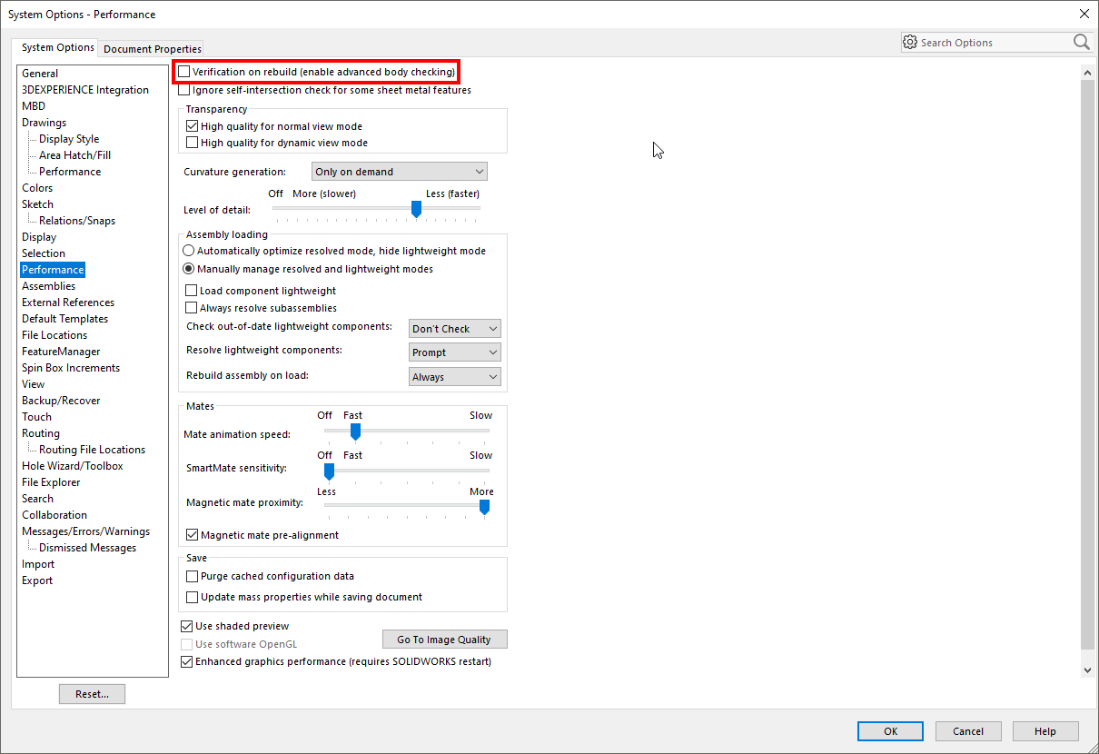 Verification on Rebuild option shown in the Options menu