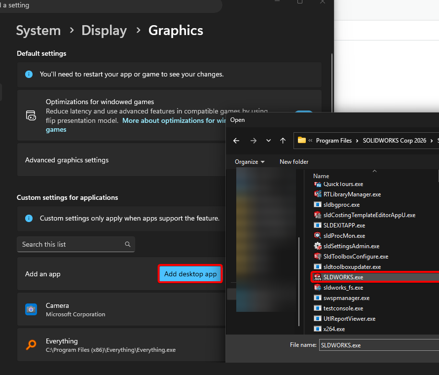 add desktop app select sldworks exe