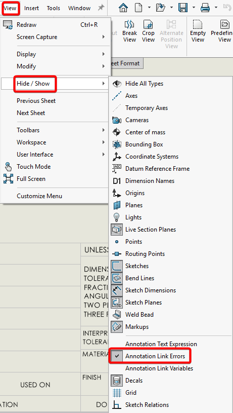 Uncheck Annotation Link Error in View>Hide/Show