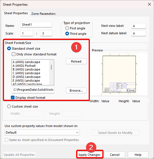 Browse to sheet format and apply changes