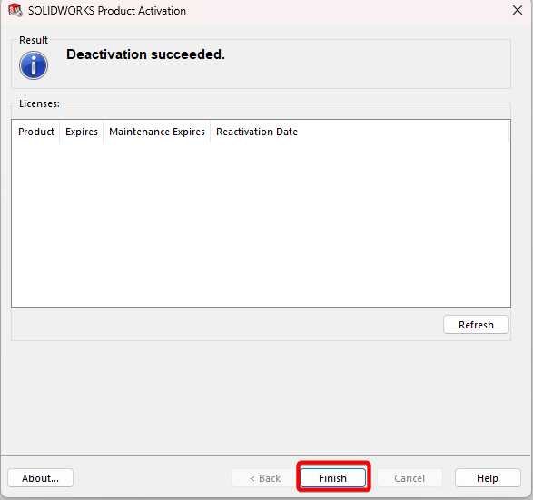 Deactivation window click finish
