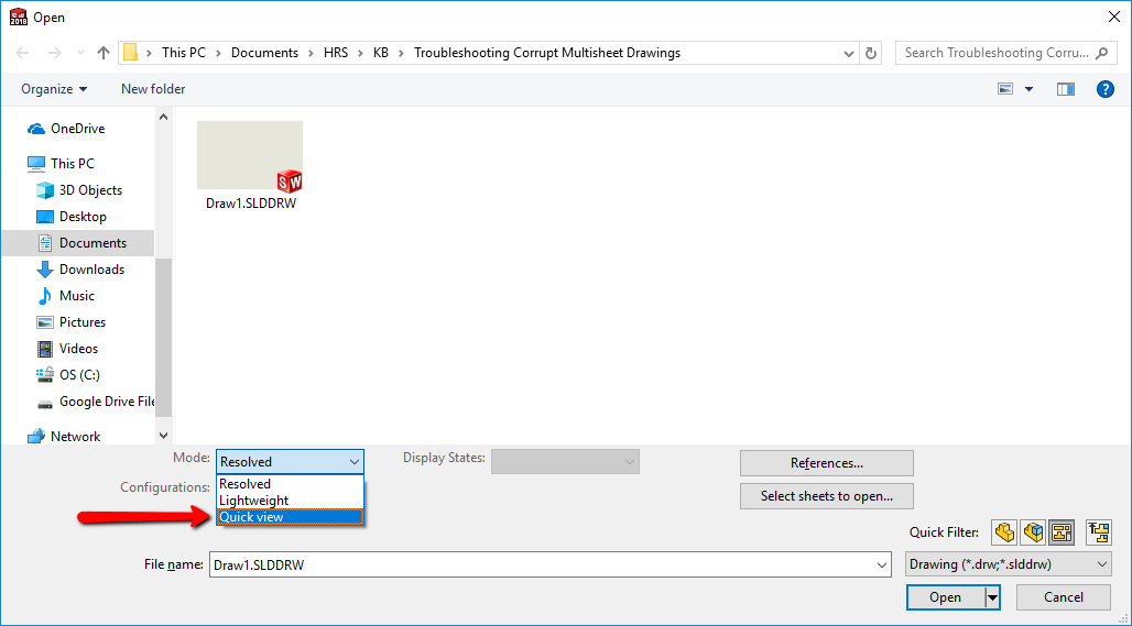 Under the Mode dropdown, select "Quick View" and click Open.