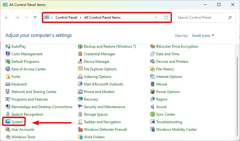 control panel > all items > select system